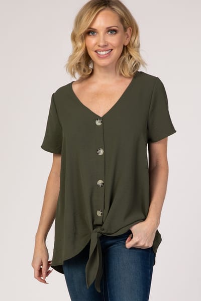 FSL APPAREL Light Olive Button Tie Front Top