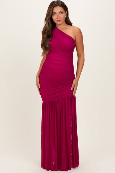 PinkBlush Deep Magenta Ruched Mesh One Shoulder Maternity Maxi Dress