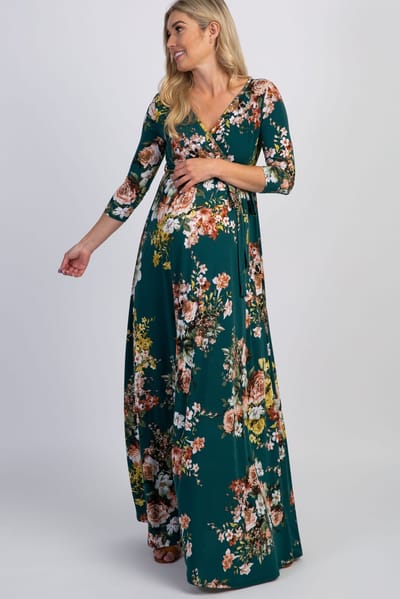PinkBlush PinkBlush Green Rose Print Sash Tie Maternity Maxi Dress