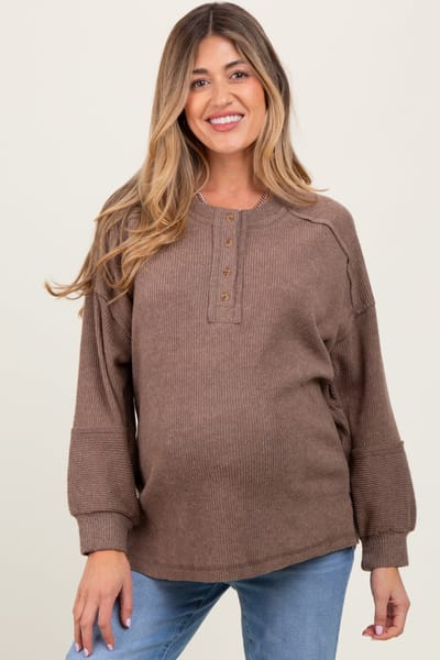 PinkBlush Mocha Oversized Ribbed Knit Henley Maternity Sweater