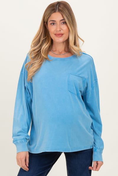 PinkBlush Aqua Oversized Washed Long Sleeve Pocket Maternity Top