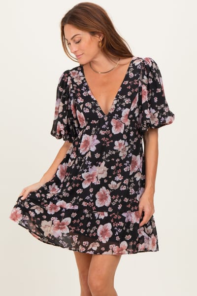 BaeVely Black Floral V-Neck Puffed Sleeve Mini Dress