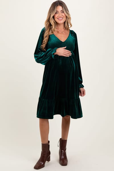 PinkBlush Forest Green Velvet Smocked Maternity Long Sleeve Dress