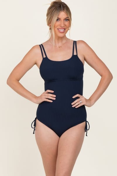 Charmo Navy Ribbed Side Tie One Piece Swimsuit