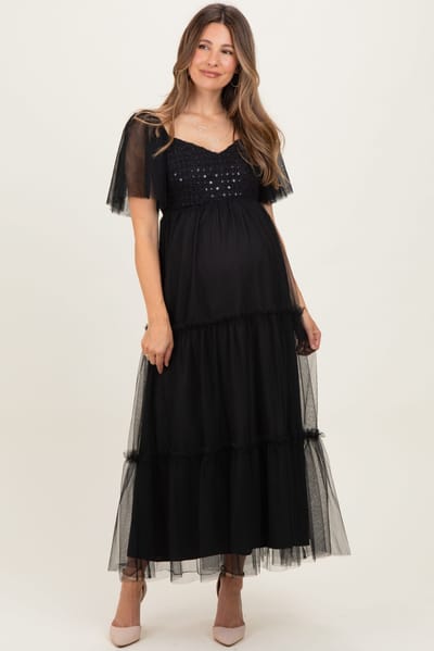 PinkBlush Black Sequin Bodice Tulle Tiered Maternity Midi Dress