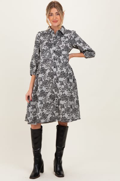 Polagram Black Floral Button Down 3/4 Sleeve Maternity Midi Dress