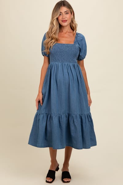 Elloh Blue Vintage Wash Chambray Smocked Maternity Midi Dress