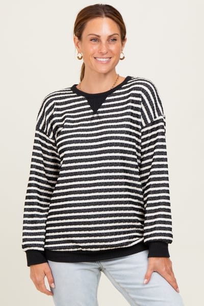 Heimish Black Contrast Rib Long Sleeve Pullover Top