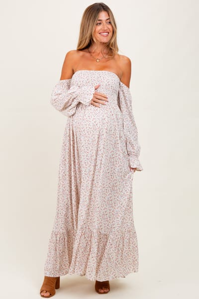 Elloh Cream Floral Smocked Off Shoulder Maternity Maxi Dress
