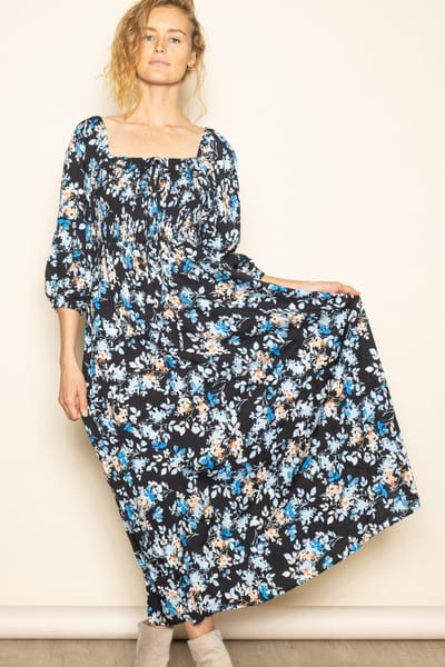 Elloh Black Floral Smocked Front Tie Maxi Dress