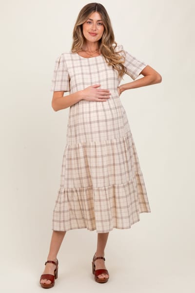PinkBlush Ivory Plaid Tiered Short Sleeve Maternity Dress