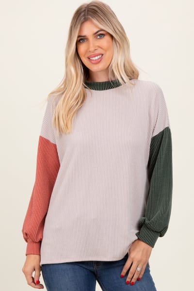 Lovely Melody Cream Ribbed Colorblock Side Slit Top