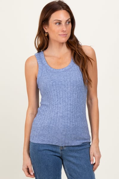 Zenana Outfitters Blue Melange Ribbed Fitted Tank Top