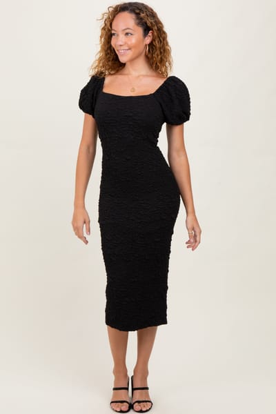 Endless Blu Black Textured Square Neck Puff Sleeve Midi Dress