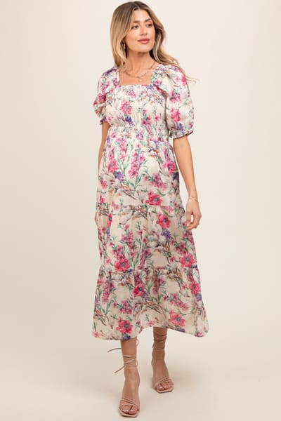 PinkBlush Cream Floral Puff Sleeve Smocked Maternity Midi Dress