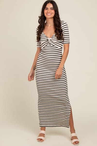 Illa Illa Ivory Black Striped Knit Short Sleeve Maxi Dress