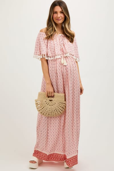 PinkBlush Peach Tile Off Shoulder Tassel Edge Maternity Maxi Dress