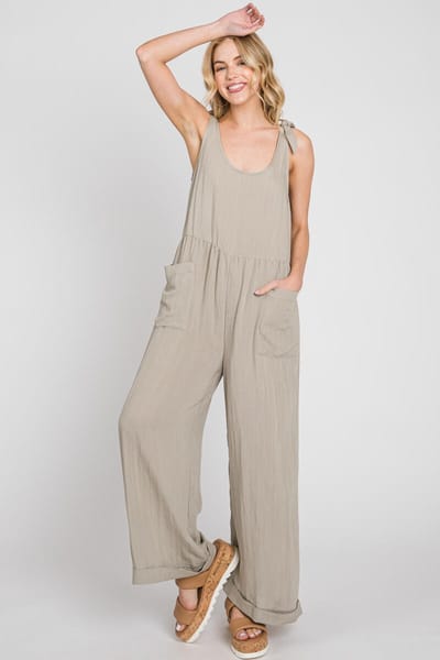 Final Touch Pale Olive Wide Leg Roll-Up Jumpsuit