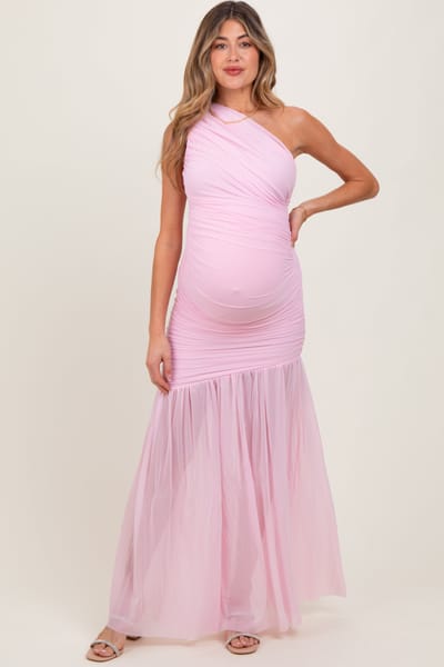 Cameo Light Pink Ruched Mesh One Shoulder Maternity Maxi Dress