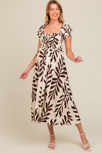 Million Colors Brown Leaf Print Off Shoulder Smocked Maternity Midi Dress