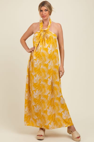 PinkBlush Yellow Leaf Print Halter Open Back Maternity Maxi Dress