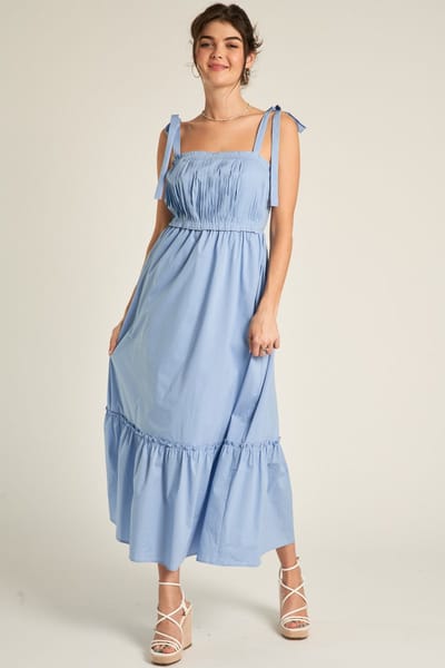 En Creme Light Blue Pleated Shoulder Tie Midi Dress