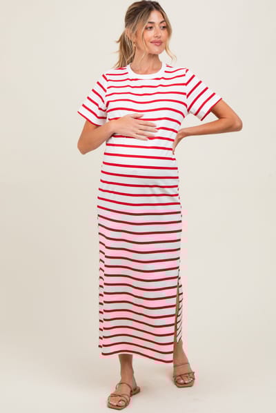 Vine & Love Red Striped Side Slit Maternity Maxi Dress
