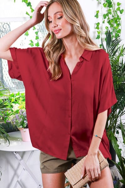 Vine & Love Burgundy Dolman Sleeve Button Down Blouse