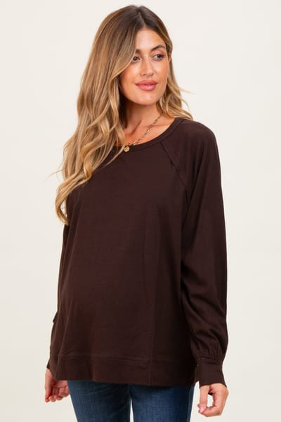 PinkBlush Brown Oversized Cotton Slub Long Sleeve Maternity Top