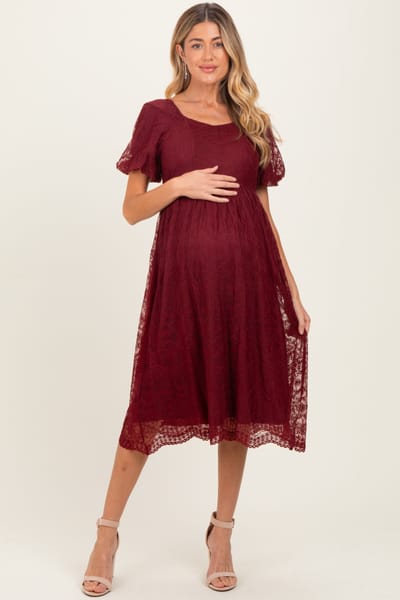 Tea N Rose Burgundy Lace Sweetheart Neck Short Sleeve Maternity Midi Dress