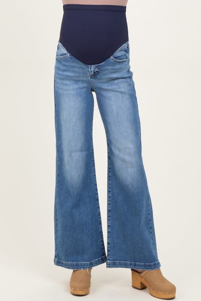 Risen Jeans Blue Medium Wash Heart Pocket Wide Leg Maternity Jeans