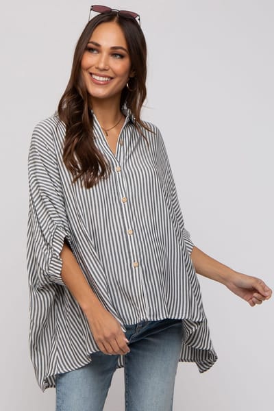 PinkBlush Charcoal Striped Button Up Dolman Maternity Top