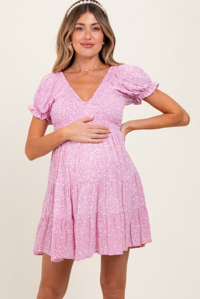 Angie Light Pink Floral Smocked V-Neck Flutter Sleeve Maternity Dress