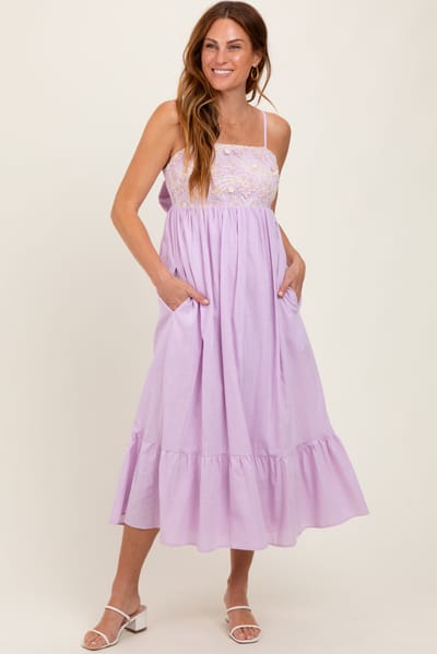 Idem Ditto Lavender Floral Embroidery Back Ribbon Midi Dress