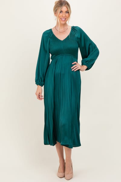 Dress Day Forest Green Satin Smocked Pleated Midi Dress