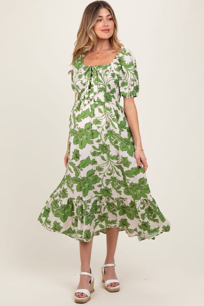 PinkBlush Green Floral Smocked Triple Front Tie Maternity Midi Dress