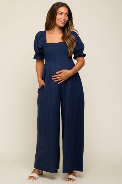 Elloh Navy Smocked Square Neck Wide Leg Maternity Jumpsuit
