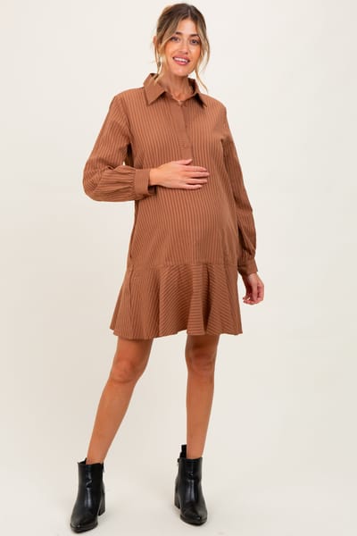 PinkBlush Camel Striped Long Sleeve Drop Waist Maternity Polo Dress