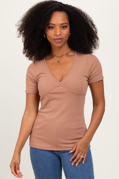 Rhea + Thea Mocha Solid Ribbed Short Sleeve V-Neck Basic Top