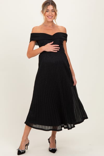 PinkBlush Black Shimmer Off Shoulder Pleated Maternity Midi Dress