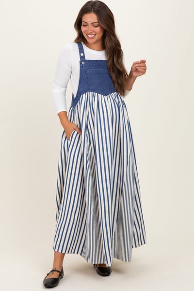 ODDI Blue Striped Colorblock Denim Contrast Maternity Maxi Dress