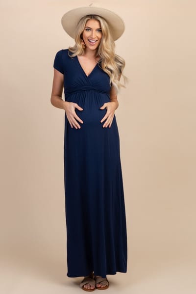 Rhea + Thea PinkBlush Petite Navy Draped Maternity/Nursing Maxi Dress