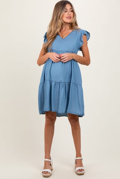 PinkBlush Blue Flutter Sleeve Tiered Maternity Dress