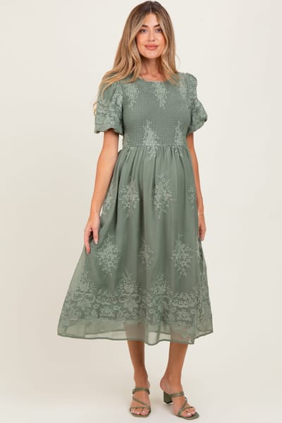 PinkBlush Light Olive Floral Lace Smocked Maternity Midi Dress