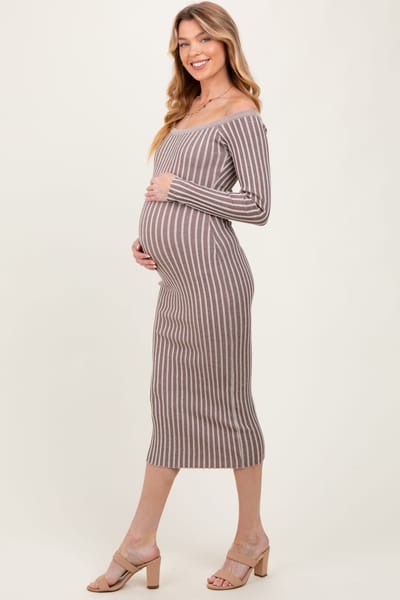 PinkBlush Taupe Striped Off Shoulder Maternity Midi Sweater Dress