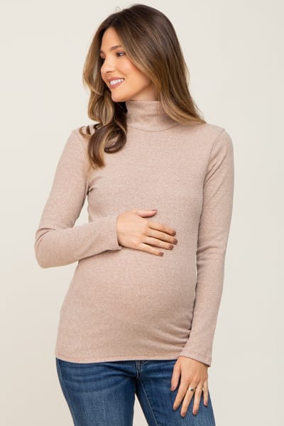 Culture Code Mocha Heathered Ribbed Mock Neck Long Sleeve Maternity Top