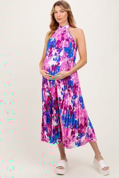 PinkBlush Magenta Floral Satin Pleated Halter Neck Maternity Midi Dress