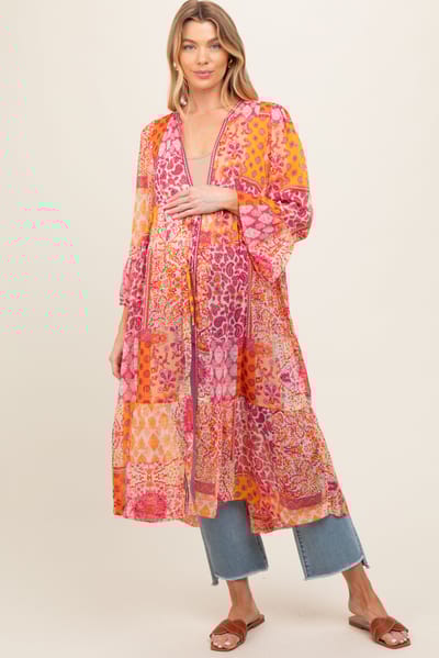 Umgee Pink Floral Paisley Metallic Striped Tie Front Maternity Cover Up