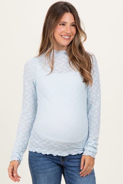 Jodifl Light Blue Thumbhole Sleeves Mock Neck Lace Maternity Top