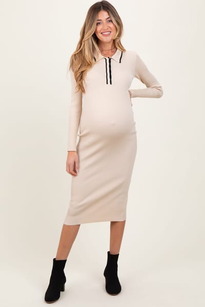 PinkBlush Cream Contrast Trim Ribbed Knit Button Up Maternity Midi Dress